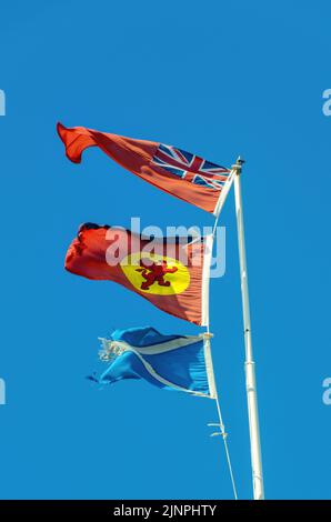 Il Red Ensign, bandiera della casa e salumi scozzesi che volano da un traghetto Caledonian MacBrayne. Foto Stock