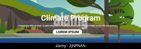 piccola casa accanto al lago in foresta clima programma concetto orizzontale copia spazio Illustrazione Vettoriale