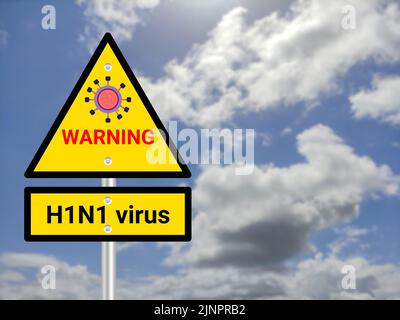 H1N1 cartello di avvertimento su sfondo cielo sfocato. Consapevolezza sanitaria, concetto medico e di mantenimento della cura. Foto Stock