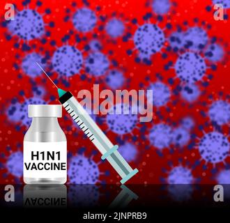 Vaccino contro il virus H1N1 su sfondo sfocato e riflessione superficiale. Ricerca medica e sensibilizzazione sanitaria illustrazione e background. Foto Stock