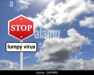 Stop grumoso virus sospiro bordo su sfondo sfocato cielo. Mucca grumoso malattia della pelle focolaio in india. Foto Stock