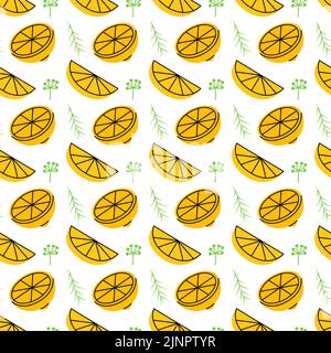 Fettine di limone giallo senza cuciture. Sfondo di limone a fette unico. Modello fresco disegnato a mano con agrumi Illustrazione Vettoriale