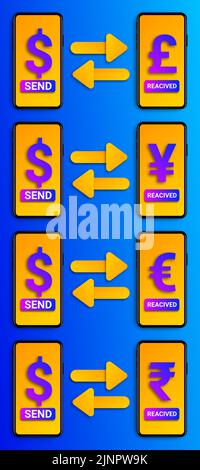 invia dollaro per ricevere euro, rupia, yen e sterlina al telefono. concetto per exange, trasferimento di denaro esy e servizio di valuta globale. Foto Stock