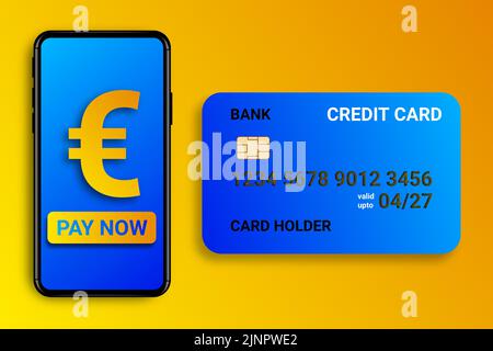 pagamento in euro con telefono e carta di credito. acquisti online, acquisti, bollette e spese di servizio da pagare con carta di credito. Foto Stock