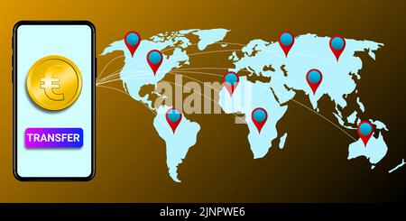 Opzione di trasferimento in euro su cellulare con mappa del mondo e posizione. Concetto per business, shopping e servizi globali. Foto Stock