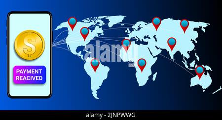 pagamento ricevuto in opzione in dollari in telefono cellulare con mappa del mondo e posizione. concetto per il business globale, shopping e servizio. Foto Stock