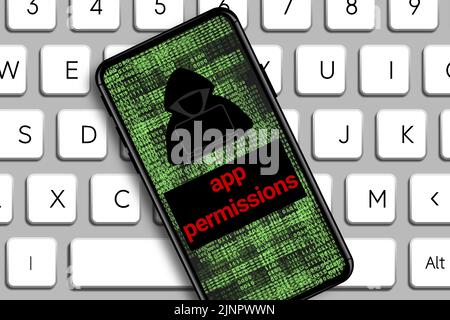 Parola di autorizzazione app e icona Hacker nel telefono cellulare con numeri di codice digitali. Concetto per le nuove applicazioni avanzate raccogliere tutti i dati dal telefono degli utenti Foto Stock