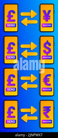 invia la sterlina per ricevere euro, rupia, yen e dollaro al telefono. concetto per exange, trasferimento di denaro esy e servizio di valuta globale. Foto Stock