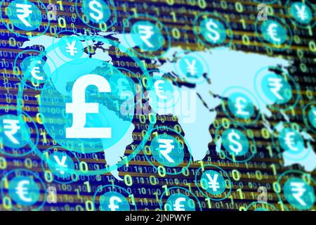 Icona della sterlina digitale isolata su altre valute, mappe mondiali e numeri. Concetto per tasso di sterlina, domanda e popolarità nel mondo. Foto Stock