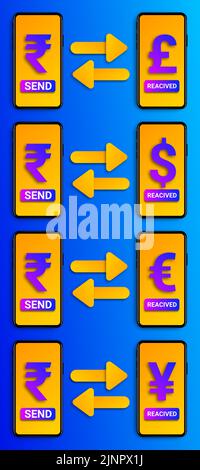 invia rupia per ricevere euro, dollaro, yen e sterlina al telefono. concetto per exange, trasferimento di denaro esy e servizio di valuta globale. Foto Stock