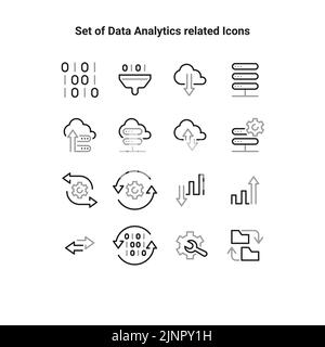 Set di icone a linee sottili per l'analisi dei big data. Elaborazione dei dati: I pittogrammi per il sito Web e l'interfaccia grafica dell'app mobile. Interfaccia utente semplice per l'analisi digitale, icone vettoriali UX. Illustrazione Vettoriale