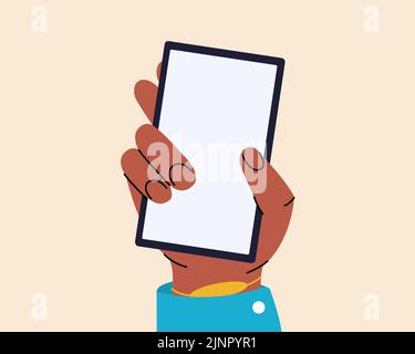 Smartphone con mano e schermo bianco. Cartoon mano toccare telefono. Smartphone con schermo vuoto. Illustrazione vettoriale Illustrazione Vettoriale
