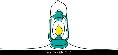 Lampada da campo a una linea colorata disegno continuo. Vecchia lanterna ad olio continua a una linea illustrazione colorata. Illustrazione lineare vettoriale minimalista Illustrazione Vettoriale