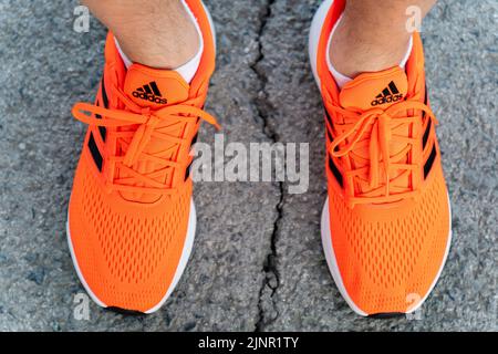 Tyumen, Russia-03 maggio 2022: Scarponi da running Adidas. Adidas, una multinazionale modello EQ21 Foto Stock