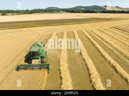 Ladybank, Fife, Scozia, Regno Unito. 13th agosto 2022. La SEPA, l’Agenzia scozzese per la protezione dell’ambiente, introdurrà il primo divieto sulle acque della Scozia stasera a mezzanotte. La SEPA ha dichiarato di essere stata costretta ad adottare misure drastiche a causa delle condizioni più ardue della Scozia orientale per 80 anni. La SEPA, il guardiano ambientale, ha dichiarato di essere stata costretta ad adottare misure di emergenza dopo alcune delle condizioni più seccate degli ultimi 80 anni nella Scozia orientale. Gli agricoltori saranno vietati di estrarre acqua dal fiume Eden a Fife, anche se possono essere previste eccezioni per i coltivatori di frutta morbida. Fig.; mietitrebbiatrice mietiatrice Foto Stock