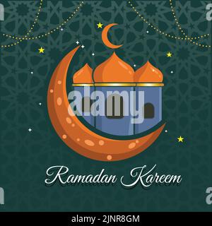 Ramadan Kareem biglietto d'auguri sfondo vector design, festività islamiche, con lampada a stella moschea design e scrittura araba Illustrazione Vettoriale