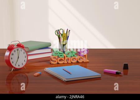 Sveglia, matite e libri su una scrivania con spazio copia. Concetto di ritorno a scuola. illustrazione 3d. Foto Stock