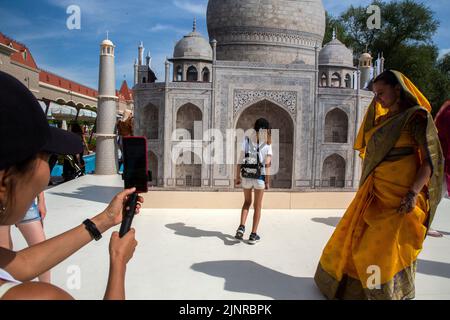 Mosca, Russia. 13th agosto 2022. I visitatori vengono fotografati sullo sfondo di un banner con l'immagine del Taj Mahal durante il festival India Day che si svolge nel Dream Island Park di Mosca, Russia Foto Stock