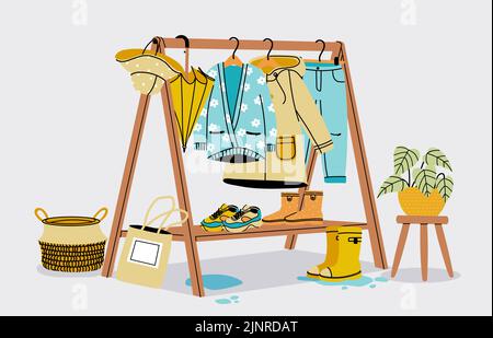 guardaroba autunnale. Autunno abiti stagionali appesi su corrimano, moda coat casual scarpe e accessori. Vector abiti caldi invernali su scaffali Illustrazione Vettoriale