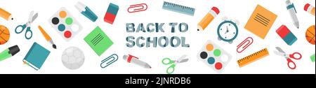 Bentornato a scuola. Banner orizzontale senza cuciture con materiale scolastico Illustrazione Vettoriale