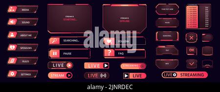Cornice di gioco. Elementi di interfaccia streaming, icona pulsante frame futuristico layout asset, HUD live broadcast dashboard elementi raccolta. Finestra a comparsa vettore Illustrazione Vettoriale