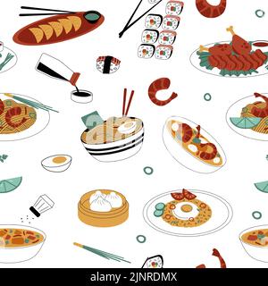 Modello di cibo asiatico. Stampa senza cuciture dei tradizionali cibi piccanti orientali, zuppa con spaghetti in ciotola, sushi, riso fritto con salse e spezie. Vettore Illustrazione Vettoriale