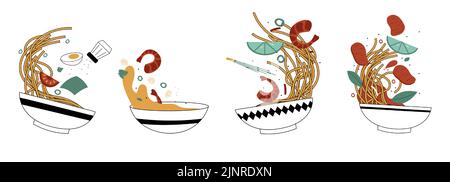 Ciotole di cibo asiatico. Doodle tagliatelle di pesce fette di cibo e salse in bawls, cucina cinese giapponese e coreana tradizionale. Illustrazione vettoriale per Illustrazione Vettoriale