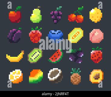 Frutti pixel. Cartoon 2D gioco sprite asset con mela banana mango agrumi ananas ciliegia, raccolta di 8 bit di segni di frutta per lo sviluppo del gioco Illustrazione Vettoriale