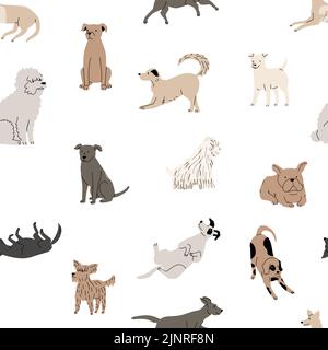 Modello di cane Doodle. Stampa senza cuciture di divertenti cuccioli di bambola per cani tagliati brochure, cartoon disegnata a mano grafica scandinava con animali domestici. Vettore Illustrazione Vettoriale