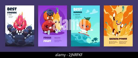 Cartoni animati. Divertente confezione copertina con divertenti allegri personaggi di frutta esotica, nutrizione biologica pubblicità. Set di banner isolati da vettori Illustrazione Vettoriale