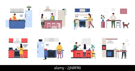 Persone in cucina. Personaggi dei cartoni animati che cucinano insieme, famiglia e amici uomini e donne che preparano la cena a casa e all'aperto. Vettore persona cucina Illustrazione Vettoriale