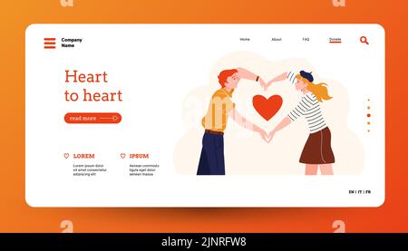 Persone con atterraggio di cuore. Home page per l'organizzazione di volontari o datazione modello di sito con personaggi cartoon che tengono cuori. Layout di pagina Web vettoriale Illustrazione Vettoriale