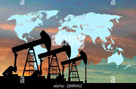 Domanda cruda di petrolio e aumento dei prezzi concetto quotidiano con grafici e mappa mondiale. Digitale petrolio greggio sfondo. Foto Stock