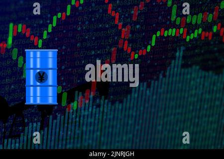 simbolo della valuta dello yen sul contenitore dell'olio digitale isolato sui grafici up down. concetto per tasso di carburante e prezzo in yen. Foto Stock