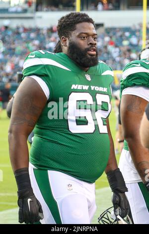 Philadelphia, Pennsylvania, Stati Uniti. 12th ago, 2022. New York Jets al di fuori del linebacker Derrick Kelly (62) sul campo prima del gioco di preason contro le Eagles di Philadelphia il 12 agosto 2022 al Lincoln Financial Field. (Credit Image: © Deby Wong/ZUMA Press Wire) Foto Stock