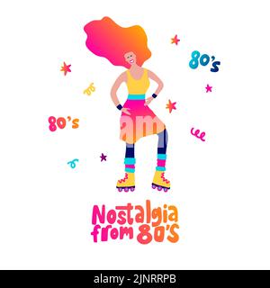 Festa in discoteca 70s 80s. Donna dance retro festa poster. Roller Skates Fashion Illustrazione Vettoriale