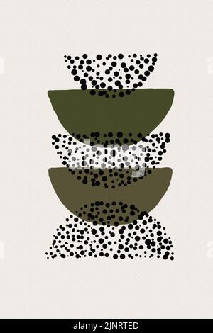 Disegni astratti tondi pareti minimaliste in colori verde, nero. Stile di linea semplice. Forme geometriche, cerchi, motivo creativo moderno. Foto Stock