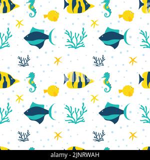 Tessuto senza cuciture con pesci colorati, pesci luna e cavalluccio marino. Sfondo o sfondo. Illustrazione Vettoriale
