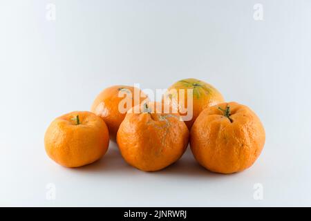 Superficie ricoperta da cinque tangerini freschi e succosi maturi, composizione isolata su fondo bianco. Foto Stock