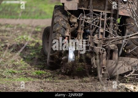 il trattore agricolo con aratro arpa il campo e si prepara alla semina. Foto Stock