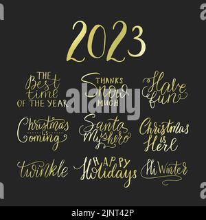 Tipografia di insieme di scrittura di Natale. Decorazioni in allegro testo per il Capodanno vettoriale. Emblema del messaggio del biglietto d'auguri Illustrazione Vettoriale