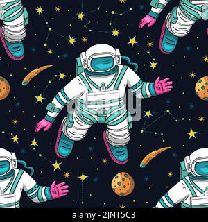 Pattern vettoriale spaziale senza giunture per astronauta. Design platet con texture lunare e stampa doodle per bambini Illustrazione Vettoriale