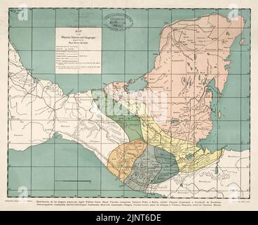 Mappa delle Nazioni e delle lingue della Mayance che mostra le aree del Messico e dell'America Centrale in cui si parlano le lingue Maya. Pubblicato nel 1934. Foto Stock