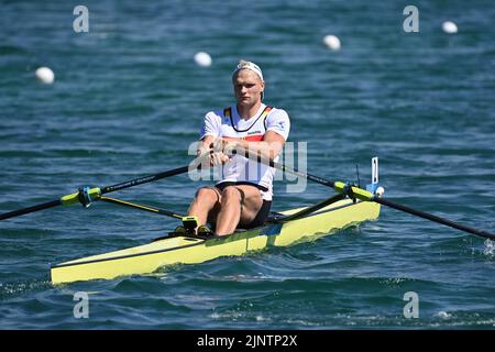 Monaco, Germania. 11th ago, 2022. Oliver ZEIDLER (GER), azione, uno degli uomini, scolpi singoli, canottaggio, canottaggio, regata di canottaggio, Olympic Ragatta Center, European Championships 2022 il 11th agosto 2022 ?SVEN SIMON Fotoagentur GmbH & Co. Pressefoto KG # Prinzess-Luise- Street 41 # 45479 M uelheim/R uhr # Tel. 0208/9413250 # Fax. 0208/9413260 # Banca GLS # BLZ 430 609 67 # conto 4030 025 100 # IBAN DE75 4306 0967 4030 0251 00 # BIC GENODEM1GLS # www.svensimon.net. Credit: dpa/Alamy Live News Foto Stock