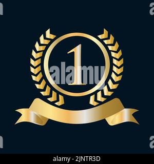 1st, primo anniversario Celebration Gold e Black Template. Stemma araldico oro di lusso con logo Vector Vintage Laurel Illustrazione Vettoriale