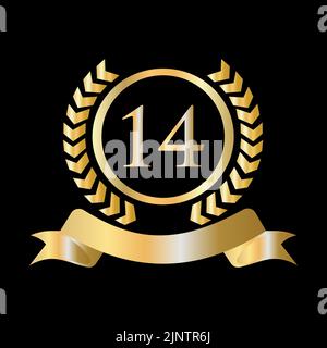 14 anni anniversario Celebration Gold e Black Template. Stemma araldico oro di lusso con logo Vector Vintage Laurel Illustrazione Vettoriale