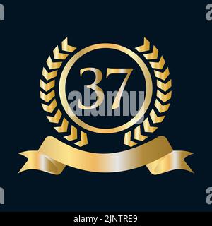 Modello oro e nero per la celebrazione del 37th° anniversario. Stemma araldico oro di lusso con logo Vector Vintage Laurel Illustrazione Vettoriale