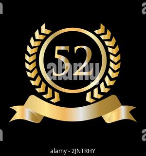 Fifty Two, 52 anni anniversario Celebration Gold e Black Template. Stemma araldico oro di lusso con logo Vector Vintage Laurel Illustrazione Vettoriale