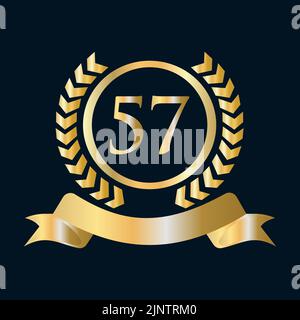 Fifty Seven, 57 anni anniversario Celebration Gold e Black Template. Stemma araldico oro di lusso con logo Vector Vintage Laurel Illustrazione Vettoriale