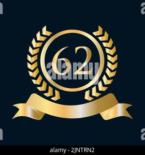 62 anni anniversario Celebration Gold e Black Template. Stemma araldico oro di lusso con logo Vector Vintage Laurel Illustrazione Vettoriale